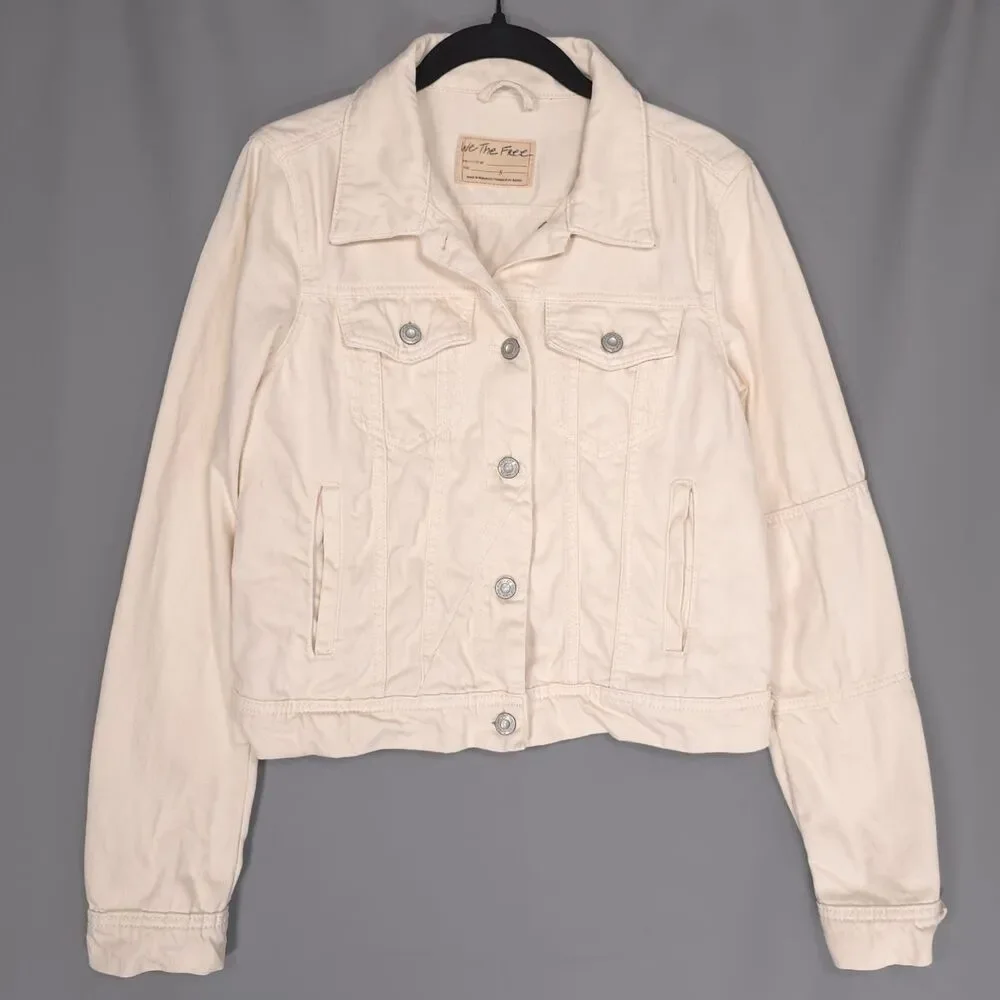 WE THE FREE Women's Denim Jacket SMALL Cream Cropped 100% Cotton Button‎ Front